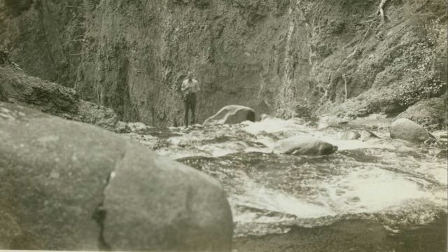 Walt Howard fishing at base of Tower Falls, Yellowstone National Park. Picture