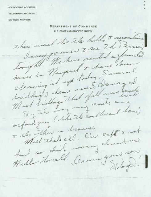 Page 1 of Floyd Risvold's letter home describing the Long Beach earthquake destruction that he witnessed on March 11, 1933. Picture