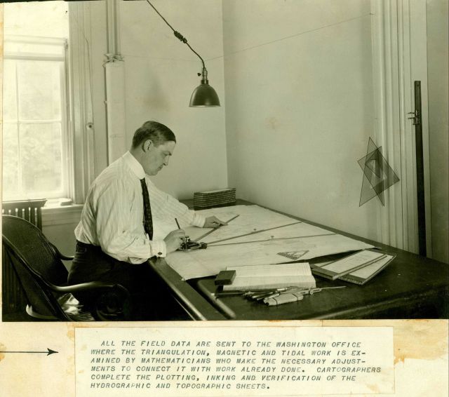 All the field data are sent to the Washington Office where the triangulation, magnetic, and tidal work is examined by mathematicians who make the nece Picture