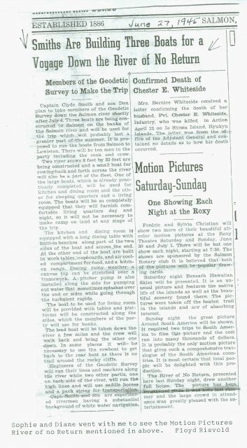 Newspaper article detailing work of the Coast and Geodetic Survey on the Salmon River, or as it is known, the River of No Return. Picture