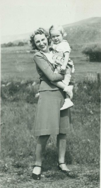 Sophie Risvold with daughter Diane, holding down the homefront while Floyd Risvold worked on the Salmon River. Picture