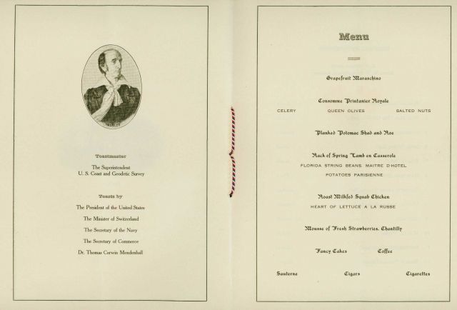 Menu selections of the 100th Anniversary Coast and Geodetic Survey banquet. Picture