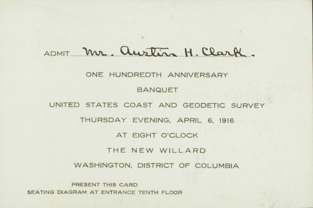 Card to obtain seating at the 100th Anniversary Coast and Geodetic Survey banquet. Picture