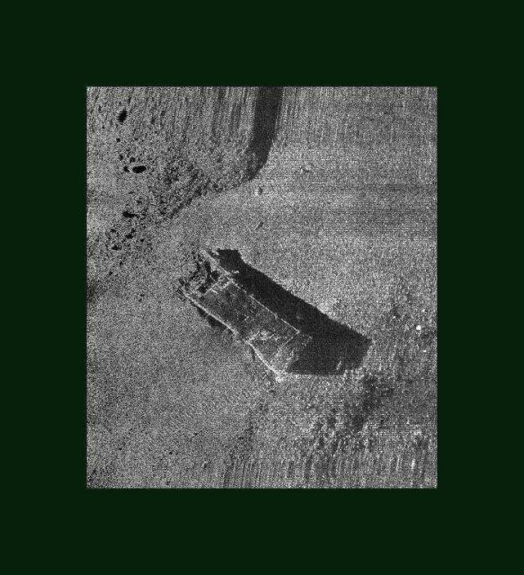 Side Scan sonar image of sunken barge. Picture