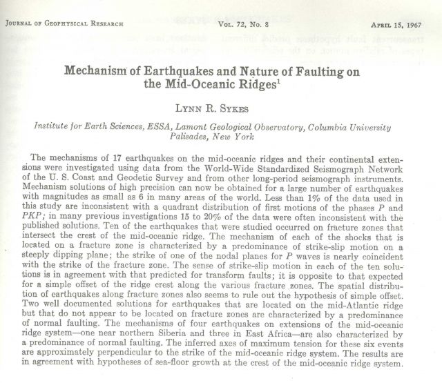 Classic paper on earthquake mechanisms and nature of faulting on the Mid- Atlantic Ridge which established beyond a doubt the nature of motion of tran Picture
