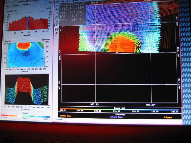 Computer displays associated with survey data acquisition and processing on the NOAA Ship THOMAS JEFFERSON. Picture