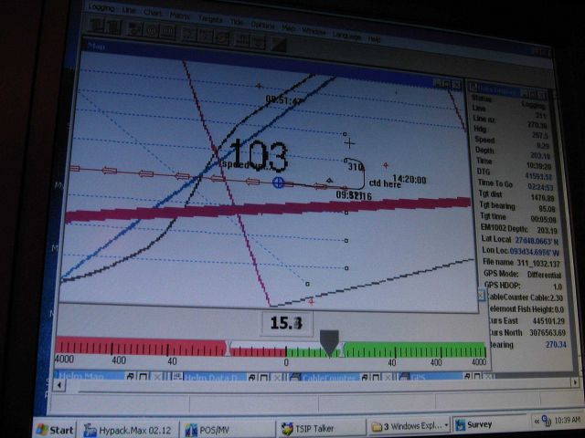 Computer displays associated with survey data acquisition and processing on the NOAA Ship THOMAS JEFFERSON. Picture