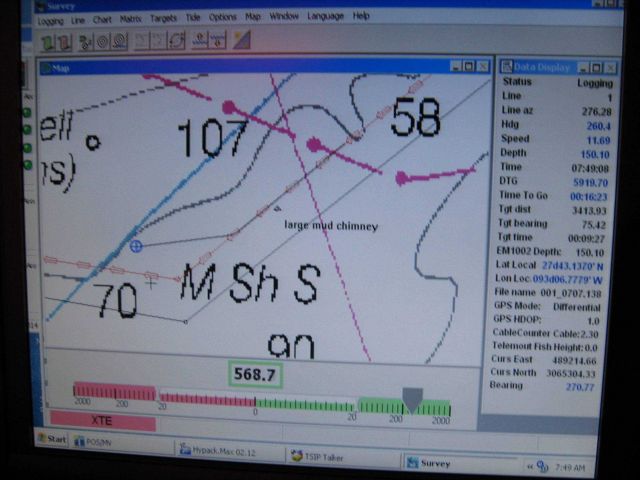Computer displays associated with survey data acquisition and processing on the NOAA Ship THOMAS JEFFERSON. Picture