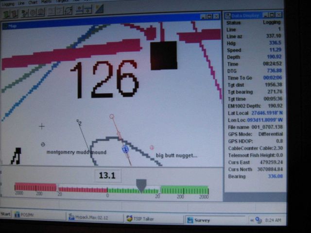 Computer displays associated with survey data acquisition and processing on the NOAA Ship THOMAS JEFFERSON. Picture