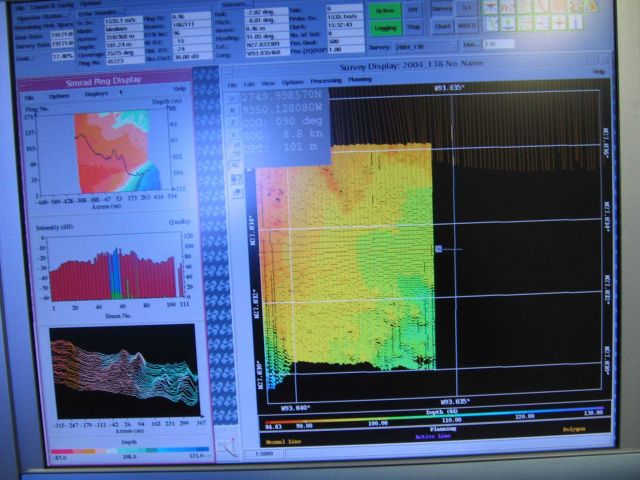 Computer displays associated with survey data acquisition and processing on the NOAA Ship THOMAS JEFFERSON. Picture
