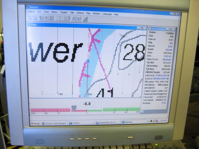 Computer displays associated with survey data acquisition and processing on the NOAA Ship THOMAS JEFFERSON. Picture