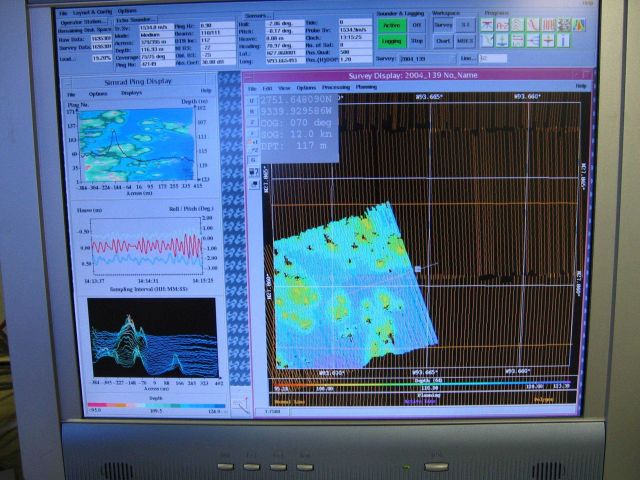 Computer displays associated with survey data acquisition and processing on the NOAA Ship THOMAS JEFFERSON. Picture