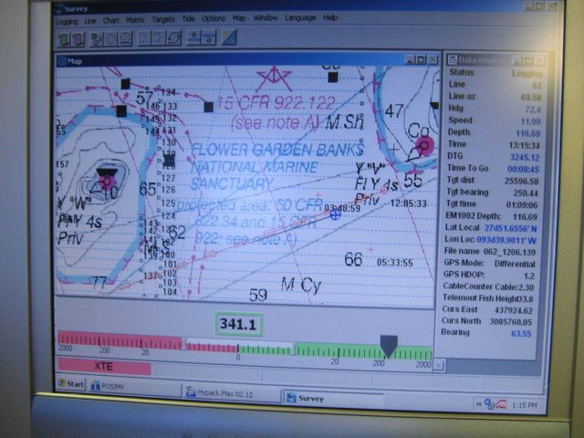 Computer displays associated with survey data acquisition and processing on the NOAA Ship THOMAS JEFFERSON. Picture