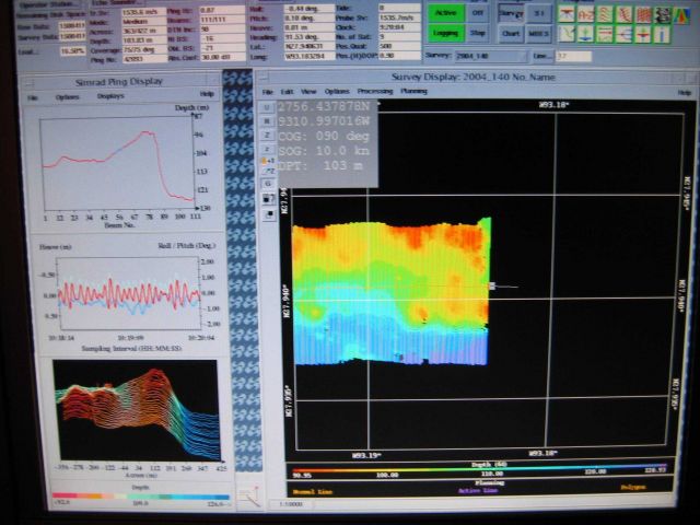 Computer displays associated with survey data acquisition and processing on the NOAA Ship THOMAS JEFFERSON. Picture