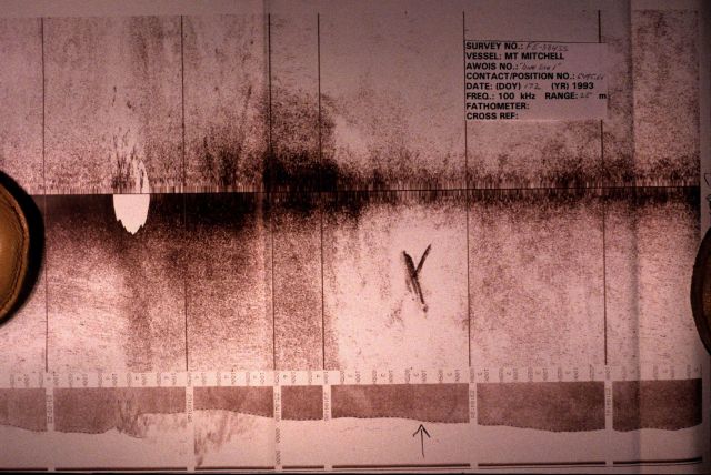 Side scan sonar record of debris on seafloor. Picture
