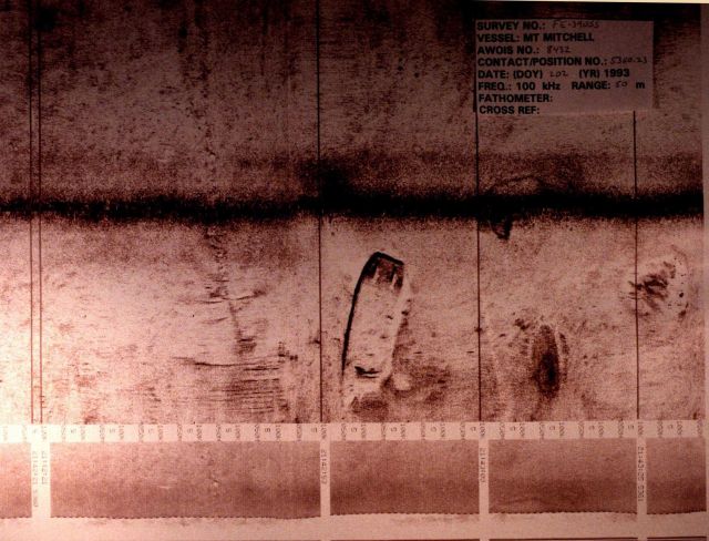 Side scan sonar record of what appears to be a sunken barge. Picture