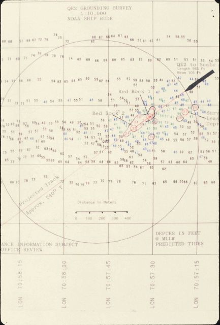 Hydrographic survey sheet showing location of grounding of QE2 in Martha's Vineyard with track of ship. Picture