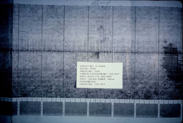 Side scan sonar image apparently of vessel. Picture