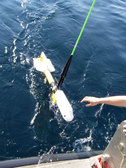 Recovering survey instrument after deployment from NOAA Ship THOMAS JEFFERSON survey launch. Picture