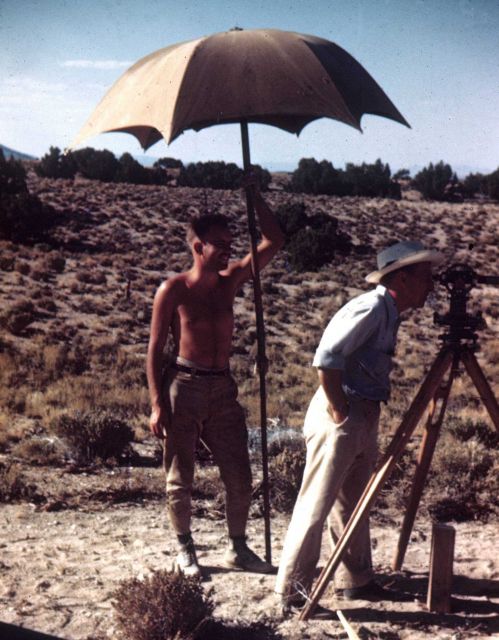 Tom Lovering and Shorty during Ely base line measurement operations. Picture