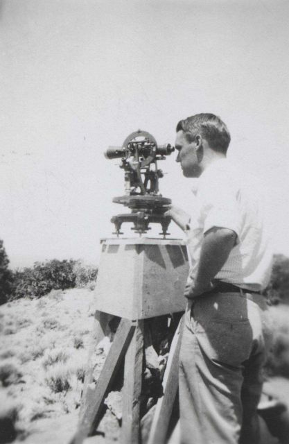 Bob Green reading A-micrometer on Parkhurst 9-inch theodolite. Picture