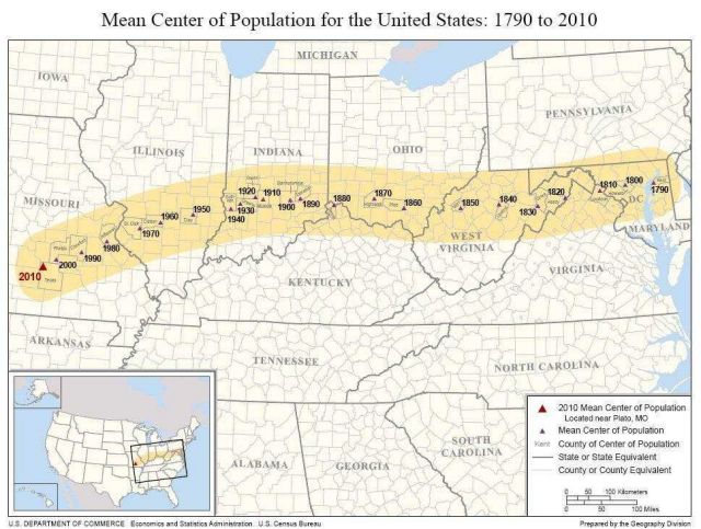 A map showing the march westward of the mean center of population of the United States from 1790 until the Census of 2010. Picture