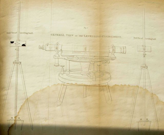 General view of the leveling Instrument used at Sheerness showing also the front view and back view of the leveling staff (level rod in today's termin Picture