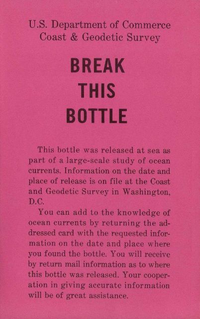 Card enclosed in drift bottle directing finder to break the bottle. Picture