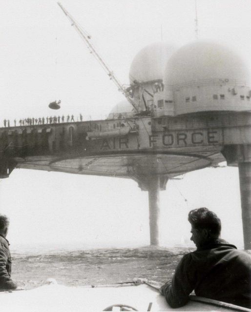 Approaching Air Force early warning radar tower off Georges Shoal during survey operations from USC&GS Ship HYDROGRAPHER Picture