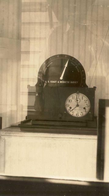 Clock and tide indicator in public viewing area of a Coast and Geodetic Survey tide house. Picture