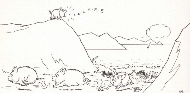 Cartoon showing pigs running from the tidal bore in an arm of the Bay of Fundy Picture