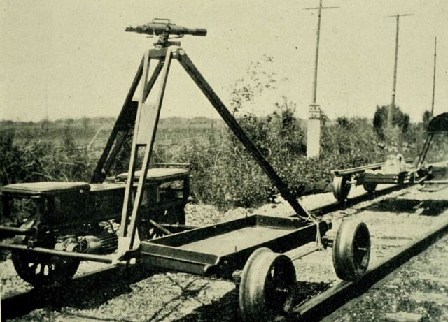 Center mounted level instrument on velocipede with rodman velocipede and stowed level rods to the right. Picture
