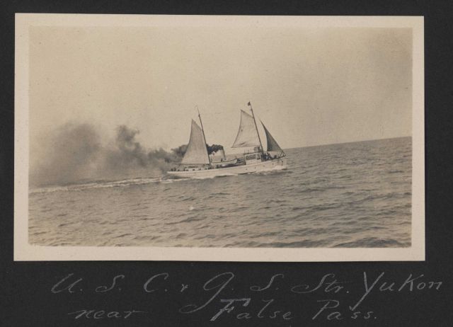 USC&GS Steamer YUKON under sail and steam churning and burning. Picture