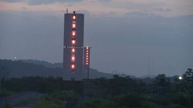 Range markers noting channel center when entering Panama Canal from Pacific side. Picture
