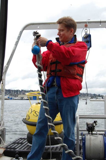 Preparing to deploy oceanographic equipment from survey launch. Picture