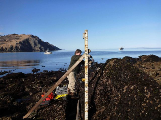 Chief Survey Technician Jim Jacobson installing a tide staff Picture