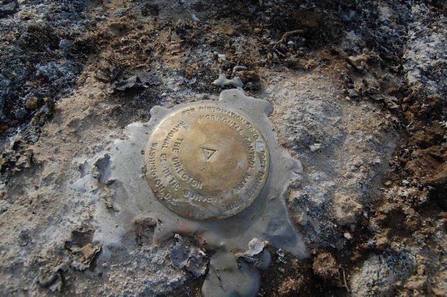 Freshly set National Geodetic Survey horizontal control marker. Picture