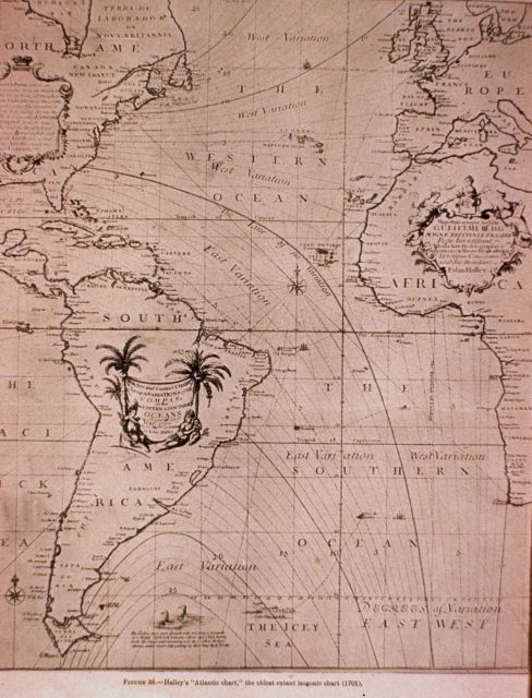 Edmund Halley's isogonic chart of 1701 showing lines of equal magnetic declination Picture