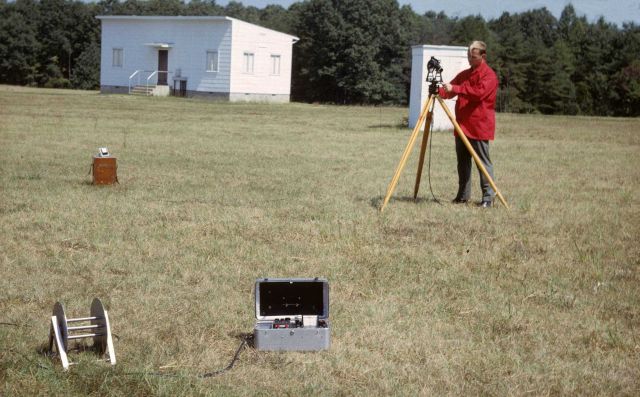 Calibrating geomagnetic instruments at the Coast and Geodetic Survey geomagnetic observatory at Corbin, Virginia. Picture