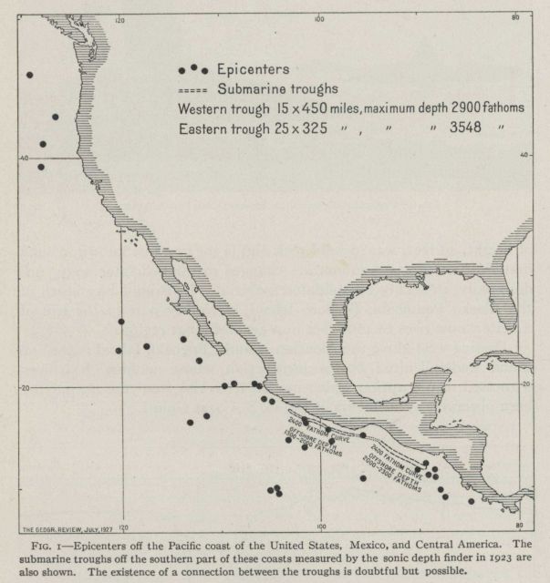 Earthquake epicenters off the West Coast of the United States and Mexico as observed through early 1927. Picture