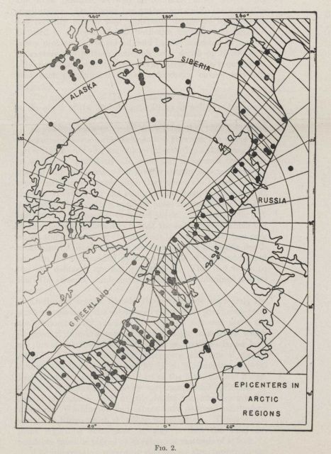 The correlation of high seismicity with what is now known as the Gakkel Ridge, a segment of the mid-ocean ridge system Picture