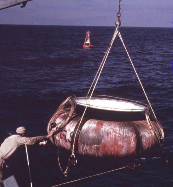 Buoy outfitted for measuring geomagnetic paramters. Picture