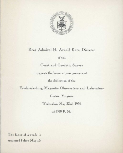 Invitation to the opening of the Fredericksburg Geomagnetic Observatory and Laboratory on May 23, 1956 Picture