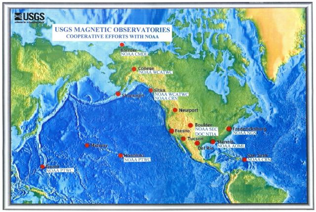 Map showing locations of magnetic observatories now operated by the USGS that have co-located cooperative facilities with NOAA. Picture