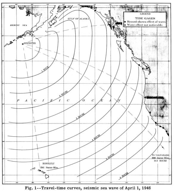 Travel time curves of the seismic sea wave (tsunami) of April 1, 1946. Picture
