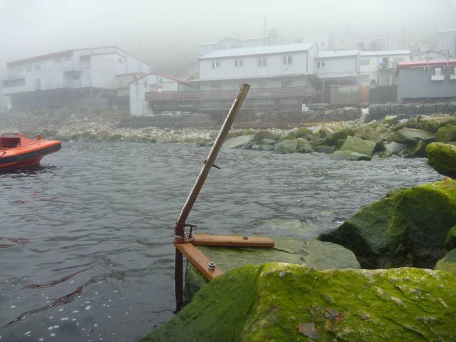 Tide staff at Little Diomede broken during storm. Picture