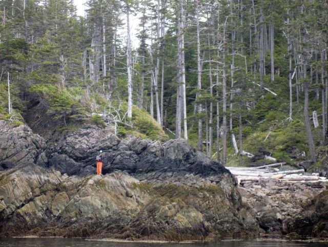 Walking shoreline with Trimble GPS receiver to map shoreline and check obstructions seen on aerial photography. Picture