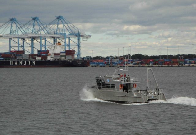NOAA survey launch BAY HYDROGRAPHER underway at container piers at Portsmouth, Virginia, within hours of Sandy's departure Picture