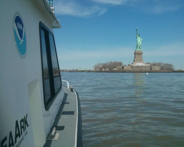 A NOAA Coast Survey Navigational Response Team collects post-Sandy depth measurements in New York harbor around Liberty Island and Ellis Island. Picture