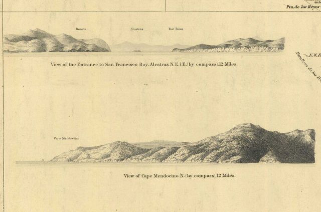 View of the Entrance to San Francisco Bay showing Alcatraz Island and view of Cape Mendocino bearing North by compass at 12 miles. Picture
